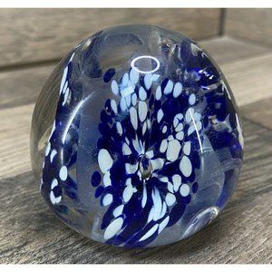 Cobalt Blue & White Art Glass Paperweight Trumpet Flower Firework
